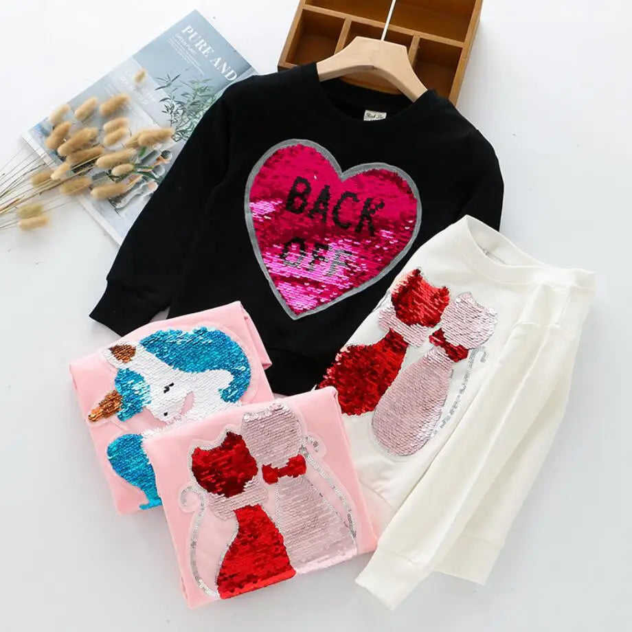 Cute Cat Baby Girls Hoody Sweatshirt Toddler Kids Cotton Sequins Cartoon Sweater Children Spring Autumn Clothes Tops