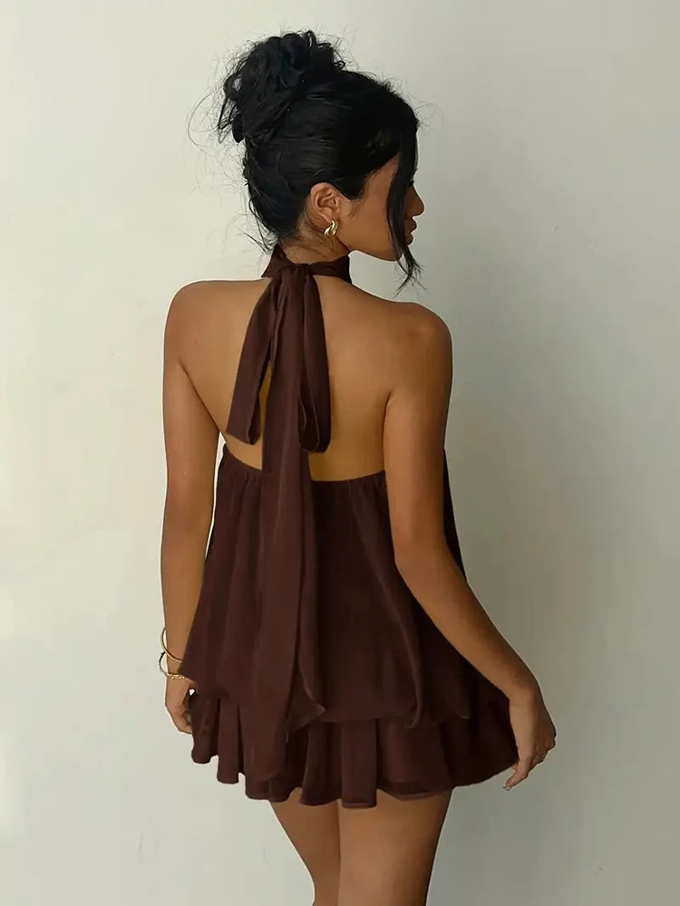 Women Halter Neck Backless Tie Mini Dress Summer Sleeveless
