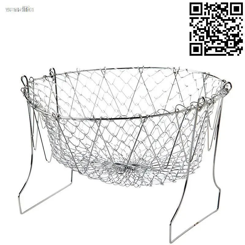 vanzlife stainless steel deep-fried large noodle kitchen French fries tools drain basket Household leak net spoon folding filter