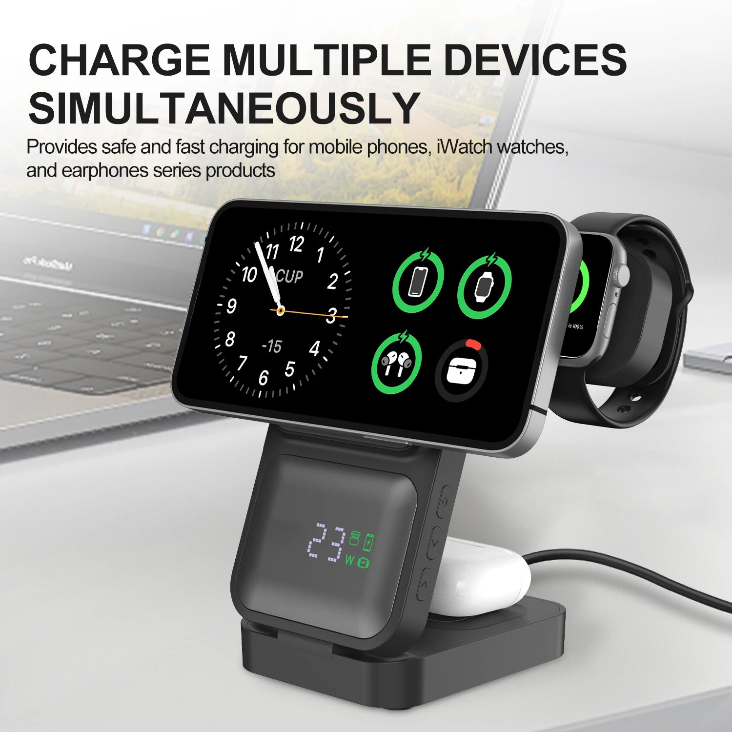 3in1 Foldable Wireless Charger Qi2 Multifunctional Stand Clock Wireless Charger Adapter Type-c Station For iPhone 16 15 Pro Max