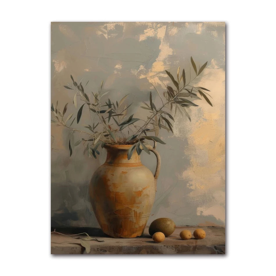 Vintage Minimalist Wall Art Italy Olive Tree in Vase Canvas Painting Poster Prints Still Life Botanical Antique Home Room Decor