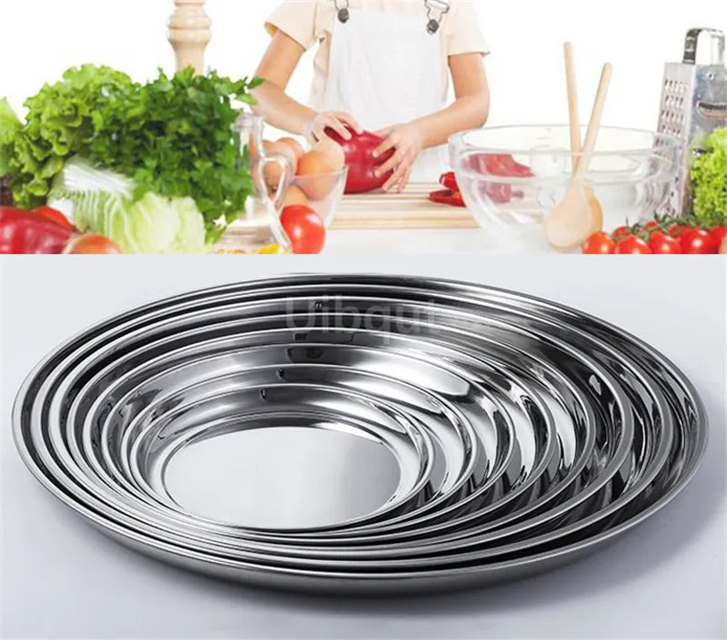 Thick Stainless Steel Plate round Large Disc Flat Bottom Shallow tray Extra Large Fish Head fruite meat Plate Restaurant Hotel