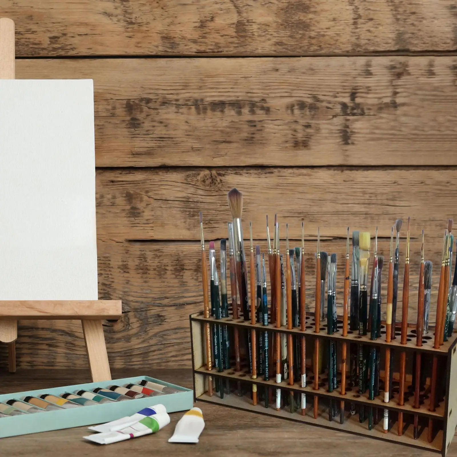 25CM Wall Wooden Brush Holder 67-Slot Premium Double-layer Durable Artist Desk Organizer Pencil Paint Brushes Storage Art Craft