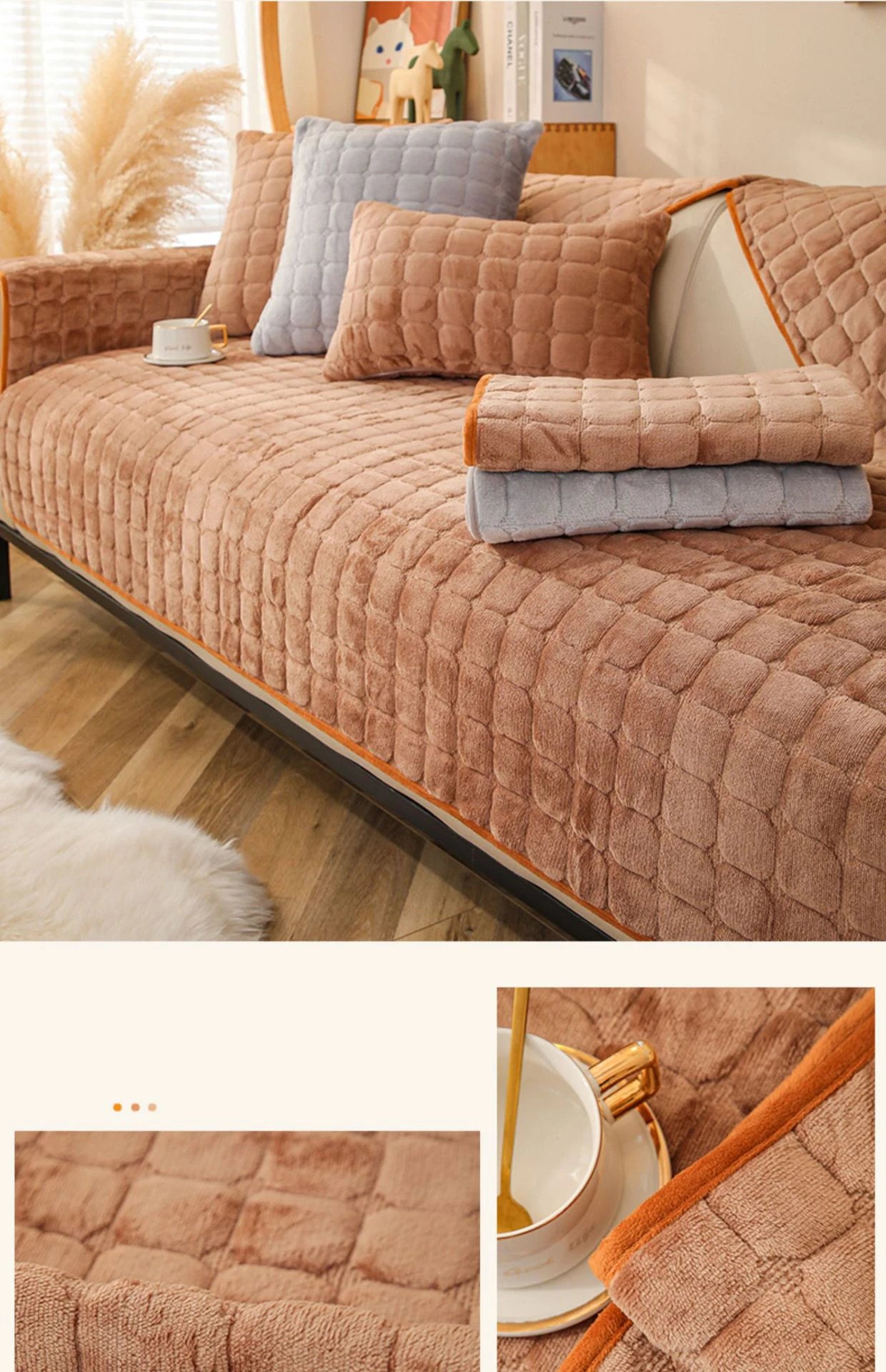 Soft Sofa Cover Thickened Solid Colour Flannel Square Quilted Sofa Cushion Warm Plush Velvet Non-Slip Universal Sofa Backrest
