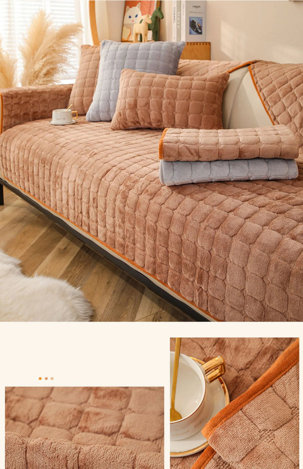 Soft Sofa Cover Thickened Solid Colour Flannel Square Quilted Sofa Cushion Warm Plush Velvet Non-Slip Universal Sofa Backrest
