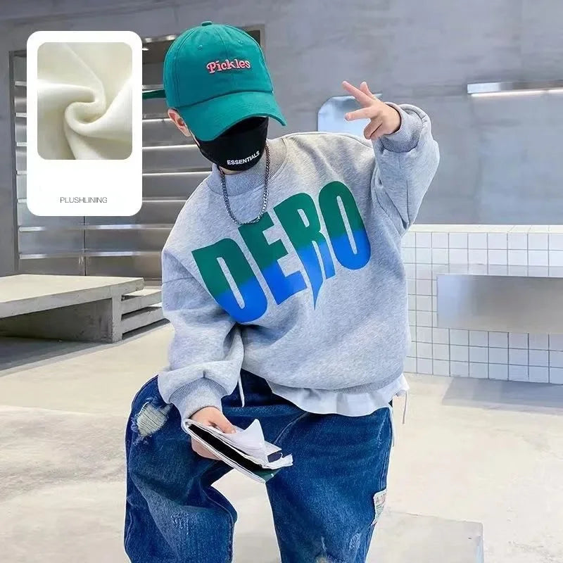 Winter Boys Warm Fleece Lined Half Turtleneck Alphabet Sweatshirt School Kids Track Pullover Coat Tops Child Work Jumper 3-16Yrs