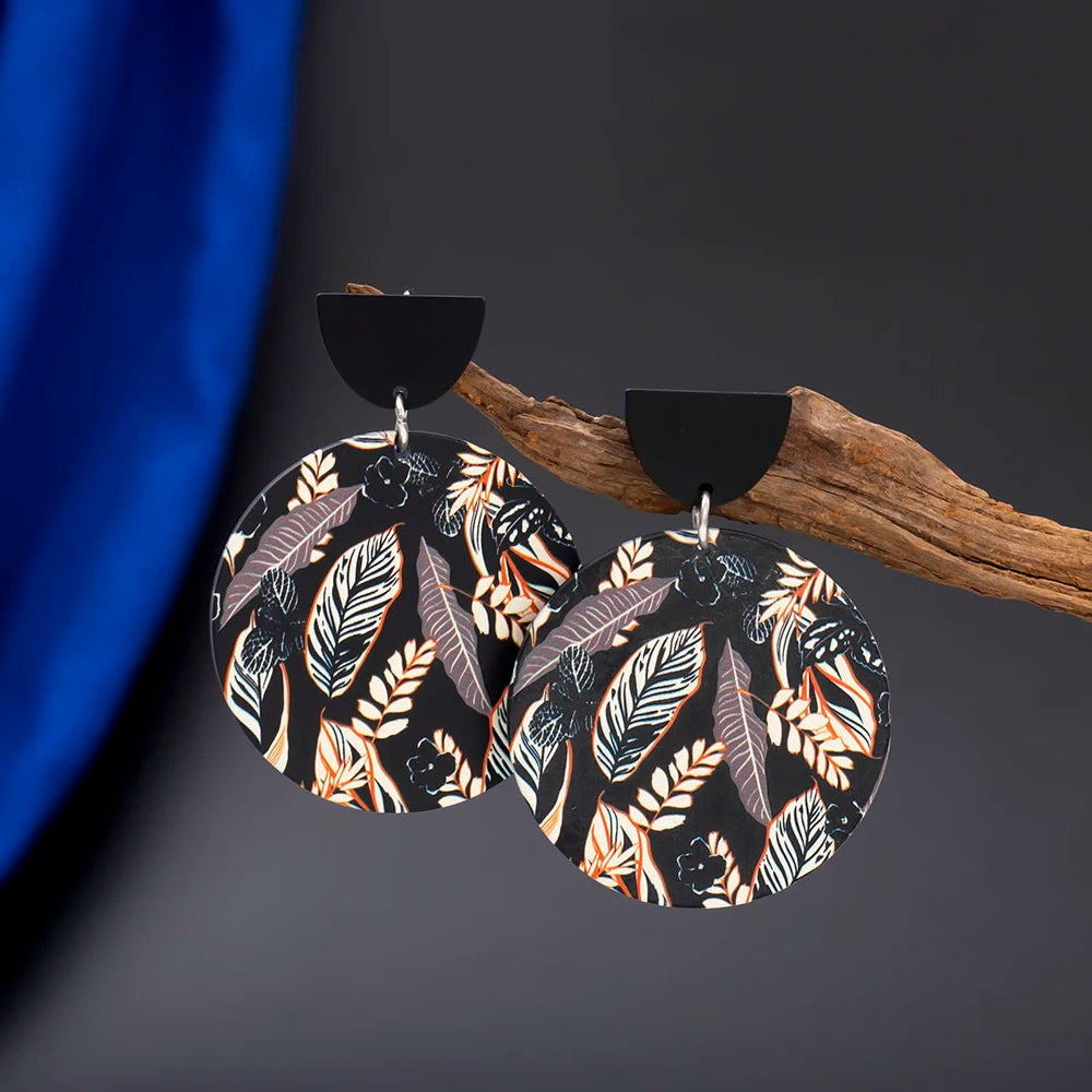 Round Black Acrylic 3D Printing Women's Leaf Earrings Dangle