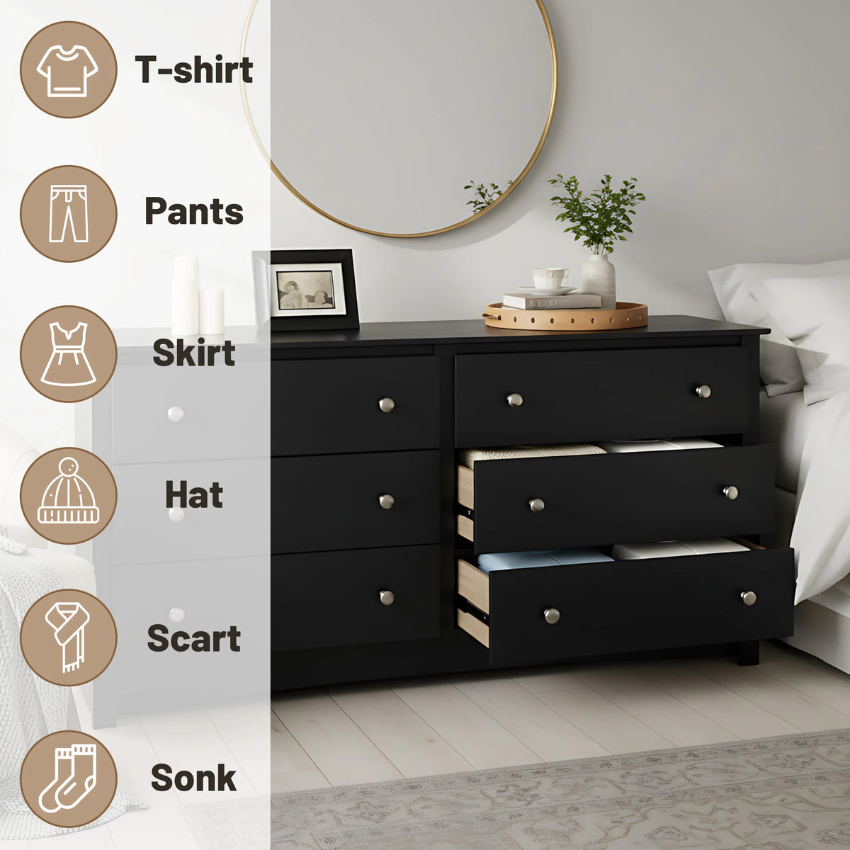 JHK 59IN Wood 6 Dresser Drawers Cabinet for Living