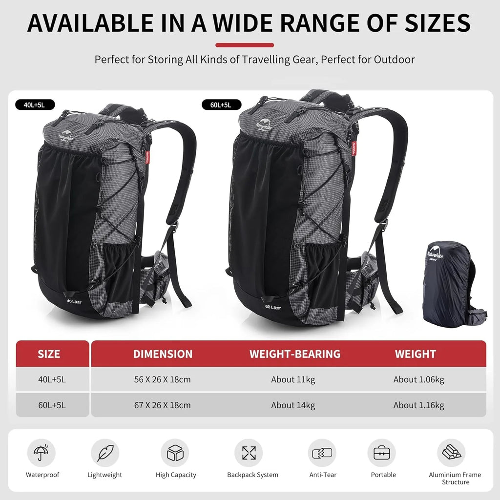 Naturehike Outdoor Mountain Backpack 60+5L Waterproof High Capacity Sports