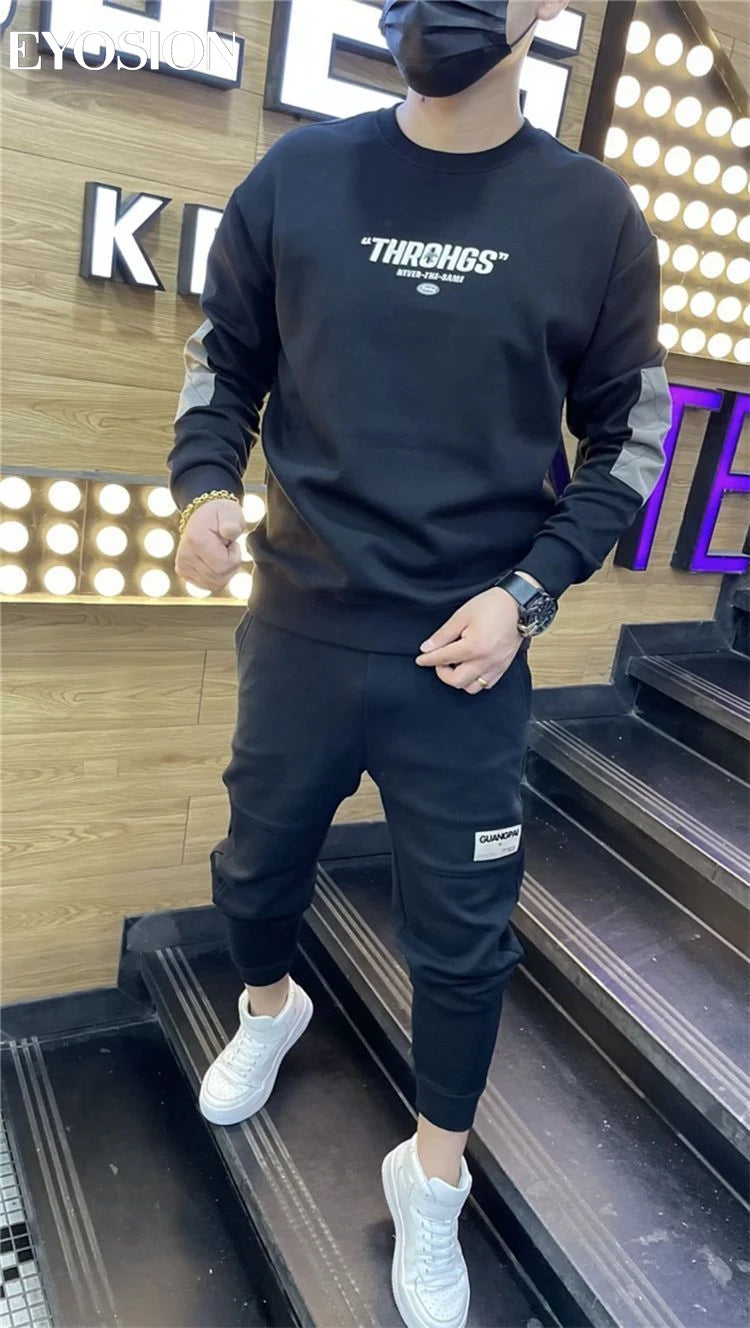 Autumn Youth Men's Sweatshirt Pullovers Letter Print Round Neck Slim Fit Thicken Hoody Long Sleeve Casual Sweatshirt Male Tops