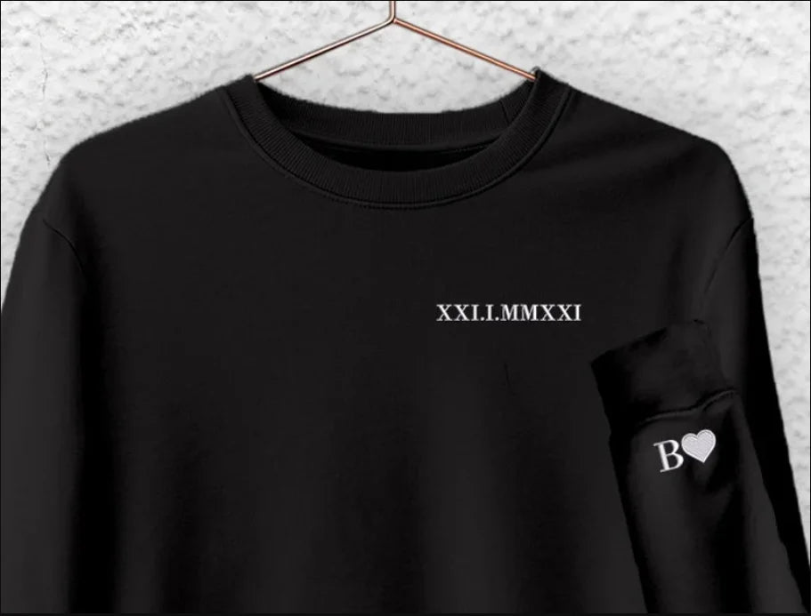 Custom Date Sweater, Roman Numeral Date Initial Heart Embroidered Sweatshirt, Wedding Hoodies (Memorable Dates, Initials Heart)
