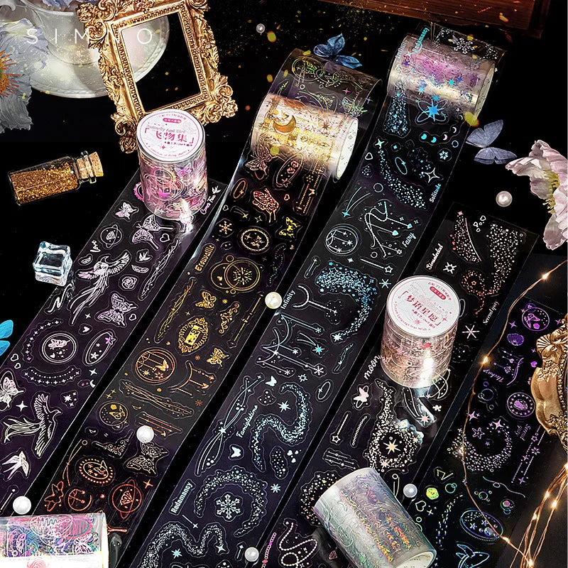 5.5*200cm 1roll Metallic PET Tape for Journaling, Laser Gold/Silver Decorative Stickers, DIY Scrapbook Washi Supplies