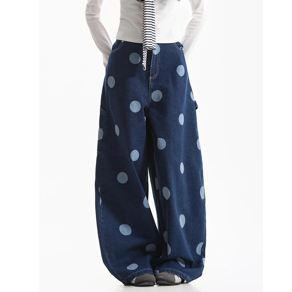 American Vintage Blue Polka Dot Jeans for Women Loose Wide Leg