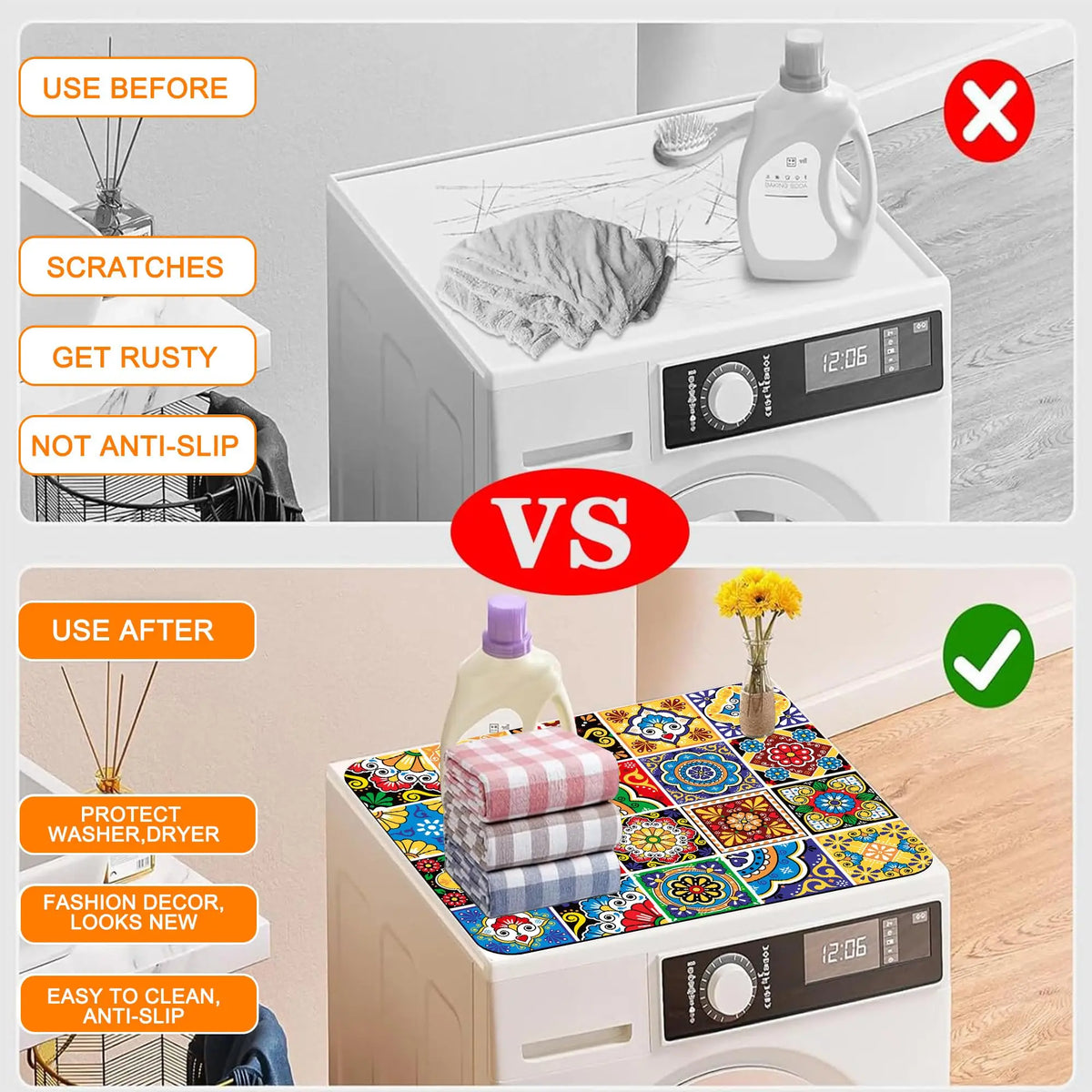 VIKAMA Colorful Mexican Boho Washer and Dryer Washing Machine Dust Cover Pad Anti-slip Absorbent Protector Mat Home Decoration