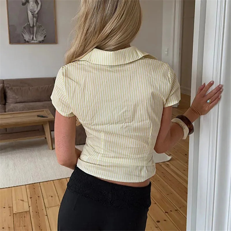 Women Short Sleeve Shirts Crop Top Stripe Turn Down Collar - Yellow