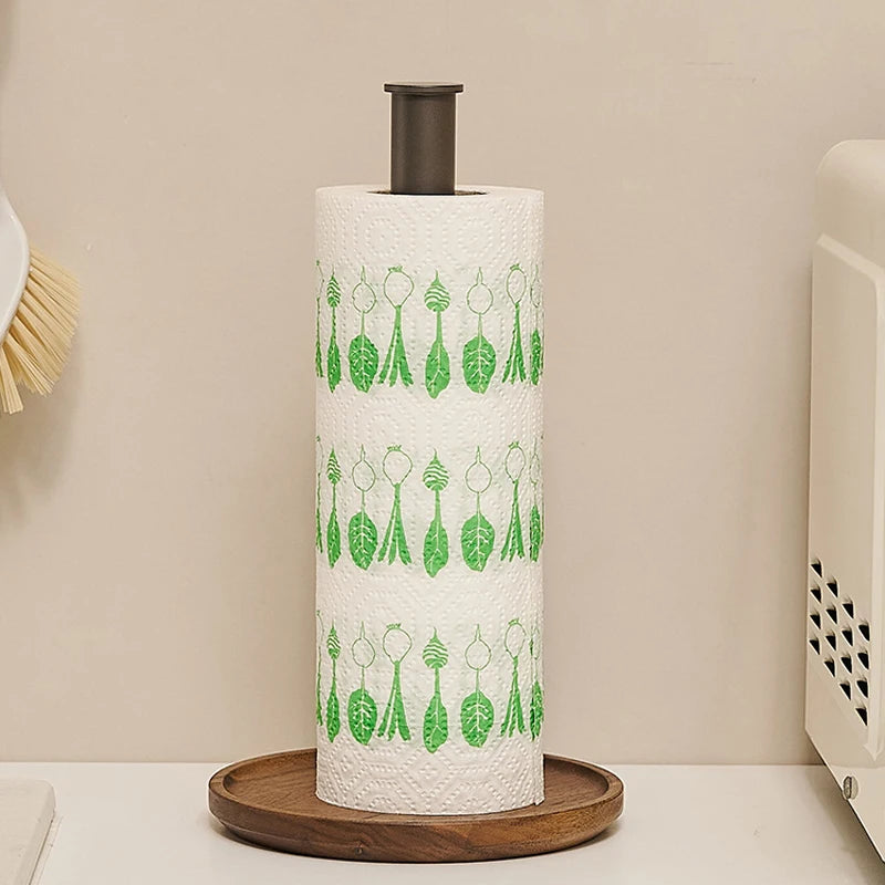Modern Walnut Kitchen Roll Paper Holder Vertical Paper Towel Rack Shelf with Wooden Base Countertop Kitchen Metal Standing