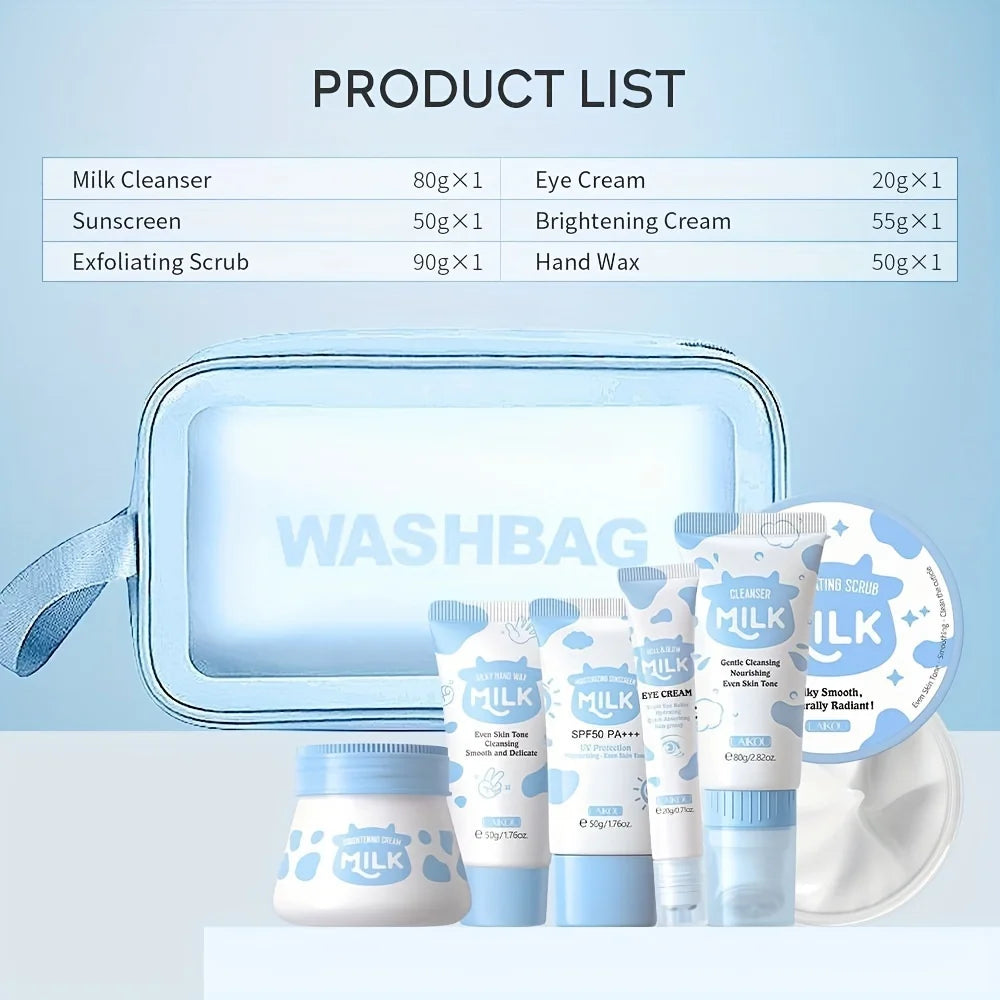 7 Pack Milk Skin Care Kit: Moisturizing Body Cleansing Milk, Body Scrub, Hand Products, Eye Cream and Storage Bag