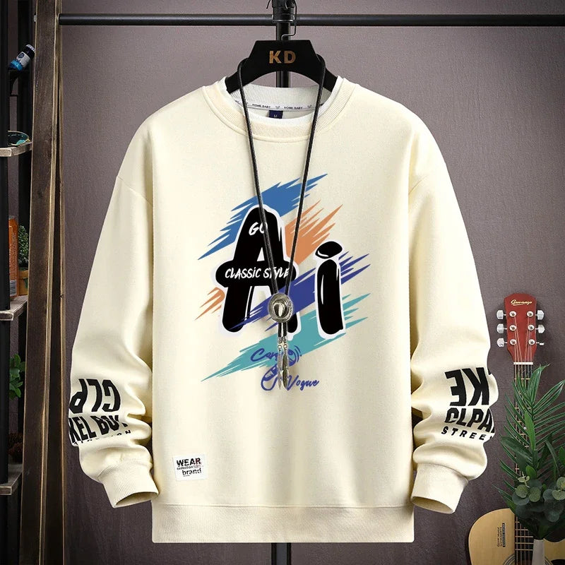 Autumn Men's Sweatshirt Trendy Printed Long Sleeve T-shirt Fashion Men's Clothing Khaki O Neck Harajuku Exclusive Design Top New