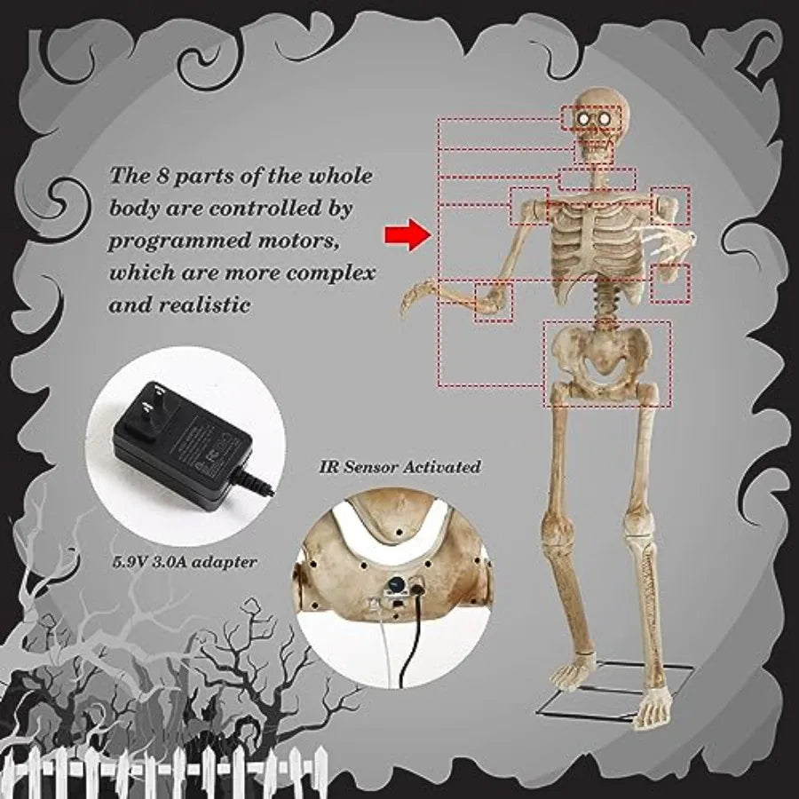 Halloween yard prop: PVC skeleton, black, LED glowing eyes creepy sounds, life-size, posable joints, indoor/outdoor use