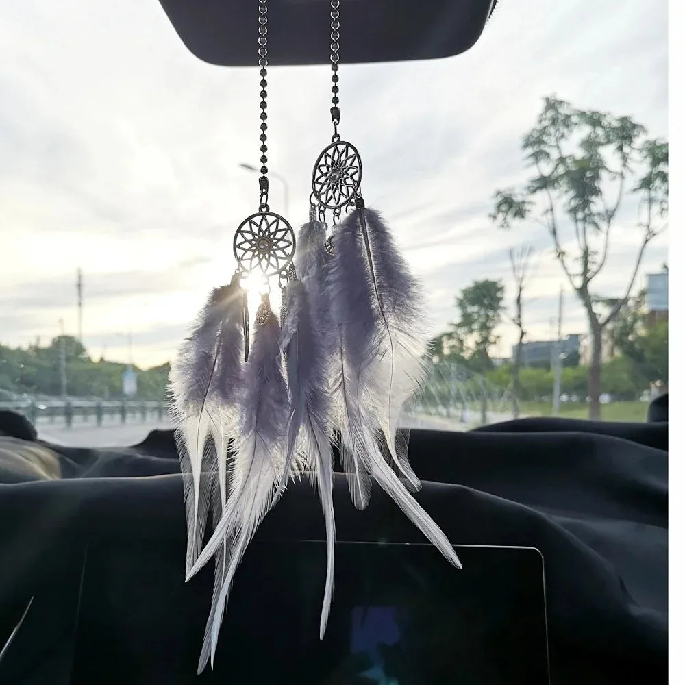 Feather Mirror Car Pendant for Girls Lucky Ornament Hanging Charm Home Decor Car Interior Accessories