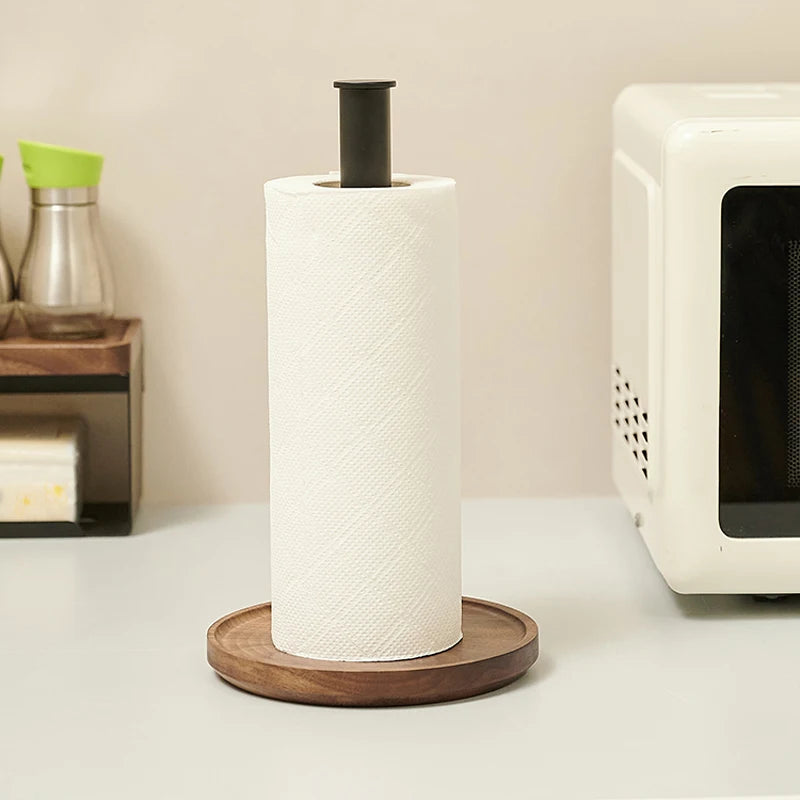 Modern Walnut Kitchen Roll Paper Holder Vertical Paper Towel Rack Shelf with Wooden Base Countertop Kitchen Metal Standing
