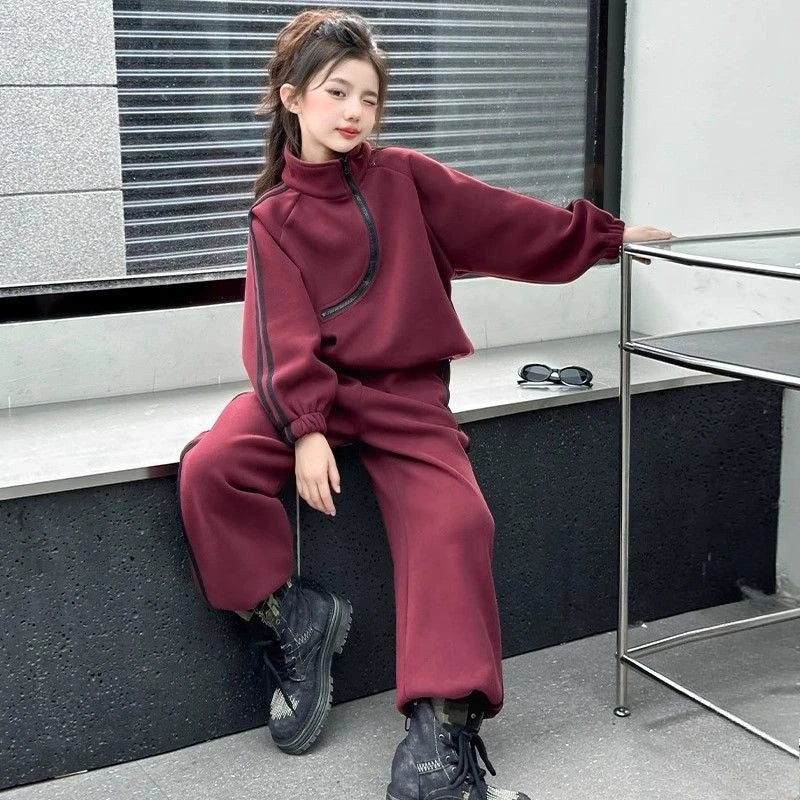 Top & Pants 2-Piece Set Fleece-lined Sweatshirt Girls Winter Clothing Girls' Autumn Clothes Korean Children's 2025 Wear Girl Two