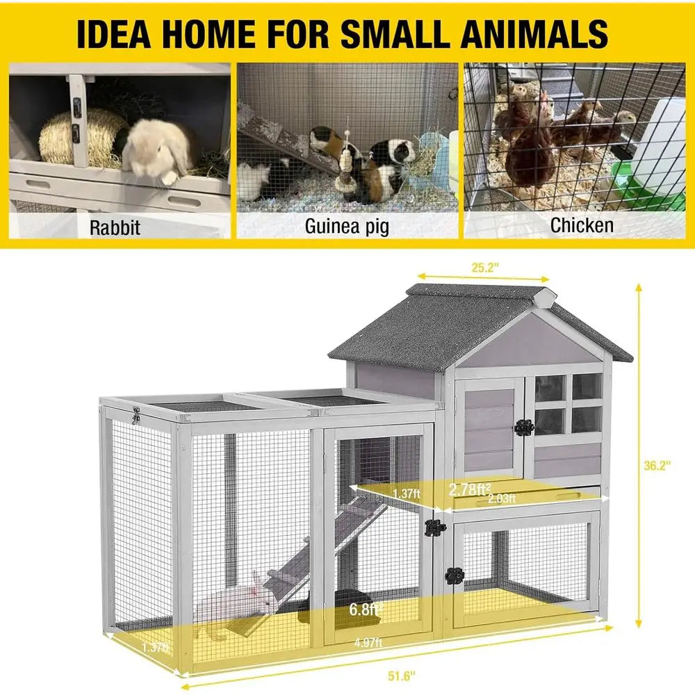 Large Outdoor Indoor Rabbit Hutch with Pull-Out Tray for Chickens, Bunnies, and Guinea Pigs (51.6L x 25.2W x 36.2H, Grey)