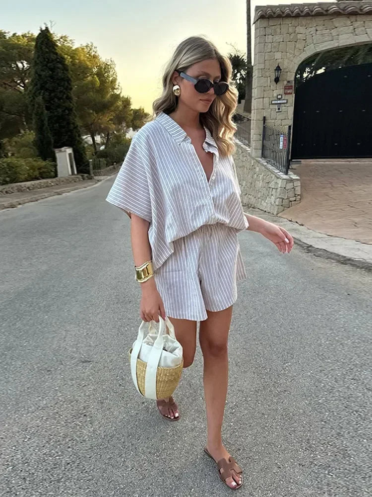 Casual Women's Loose Striped Shirt Shorts Suit Lace Up Lapel Shirts Fashion Lady Set 2025 Summer 2 Pieces Set Women Outfits