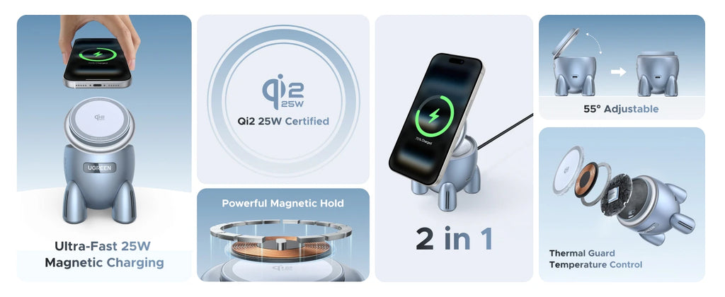 UGREEN Magflow Qi2.2 25W Magnetic Wireless Charger 2 in 1 Innovative Rocket -Style For iPhone 17 16 Pro Max Fast Charging