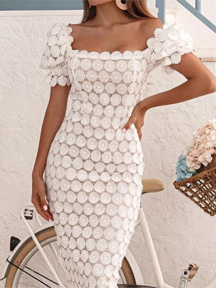 Women's Hollow Out Flower Lace Patchwork Slim Midi Dresses Temperament Solid Color Package Hip Dress Lady Commuting Vestidos