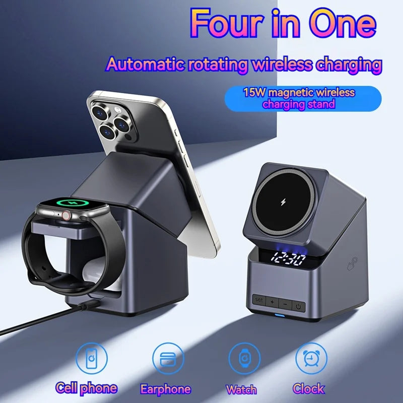 15W Electric Rotating Magnetic Wireless Charger Time Display Charging Station for iPhone 16 15 14 13 12 11 Watch AirPods Pro