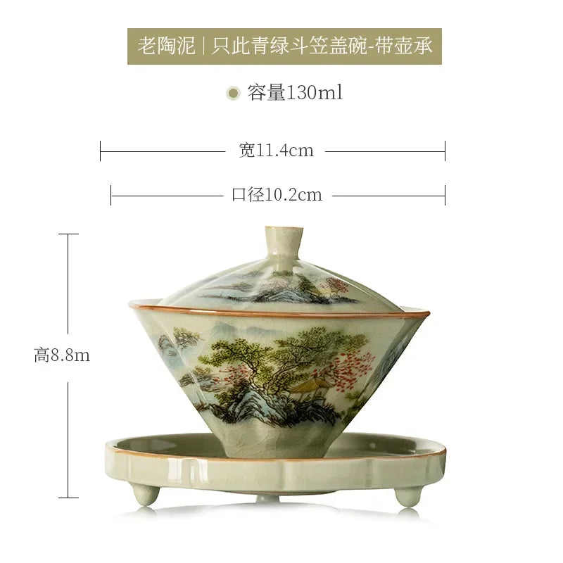 Jingdezhen-Ceramic Tea Cup with Bamboo Hat, Traditional Handmade Tea Ware, Single Bowl, Kung Fu Tea with Lid, Sancai Gaiwan