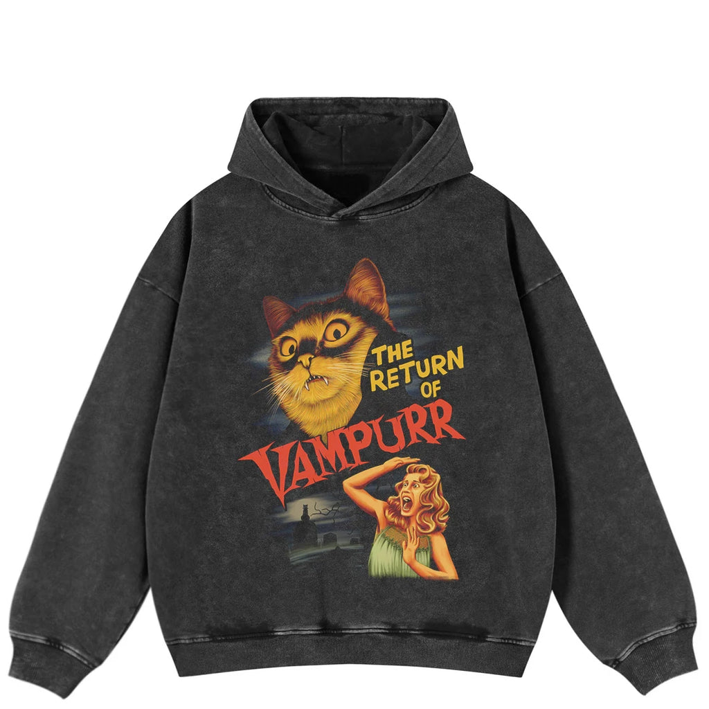 2025 Hip Hop Oversize Hoodie Sweatshirt Men Streetwear Retro Movie Vampurr Cat Graphic Harajuku Washed Black Hooded Pullover