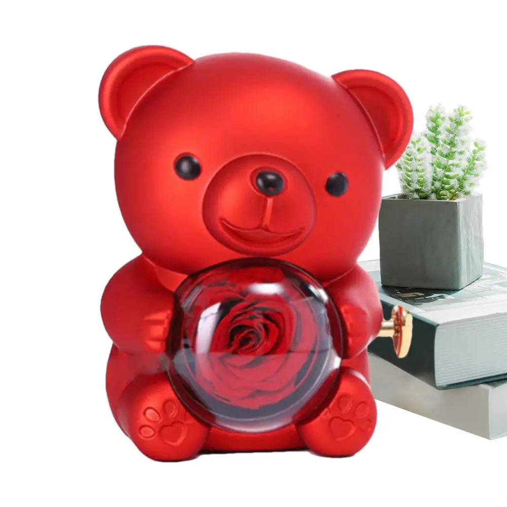 Bear Necklace Case Romantic Bear and Rose Jewelry Box Hug Bear Decoration Necklace Box Rose and Rotating Bear Case with Double