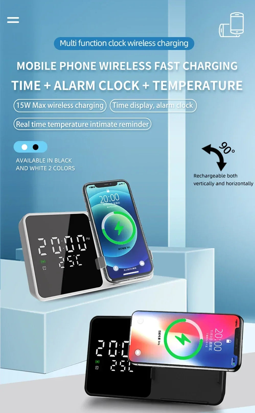 Wireless Charger Pad Stand with Alarm Clock Thermometer for iPhone 14 13 12 11 X Xiaomi Samsung 15W Phone Fast Charging Station
