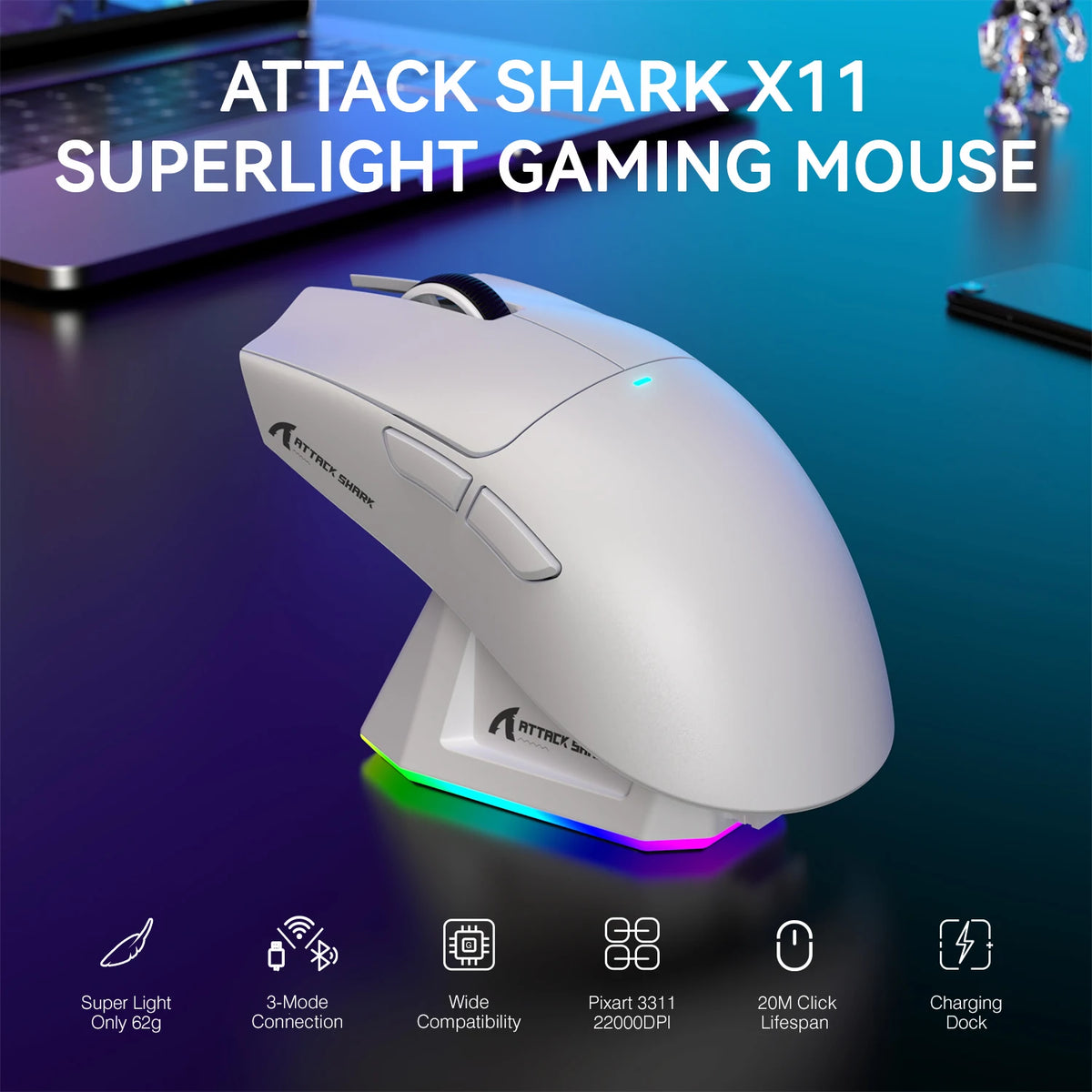 ATTACK SHARK X11 Lightweight Wireless Gaming Mouse with RGB
