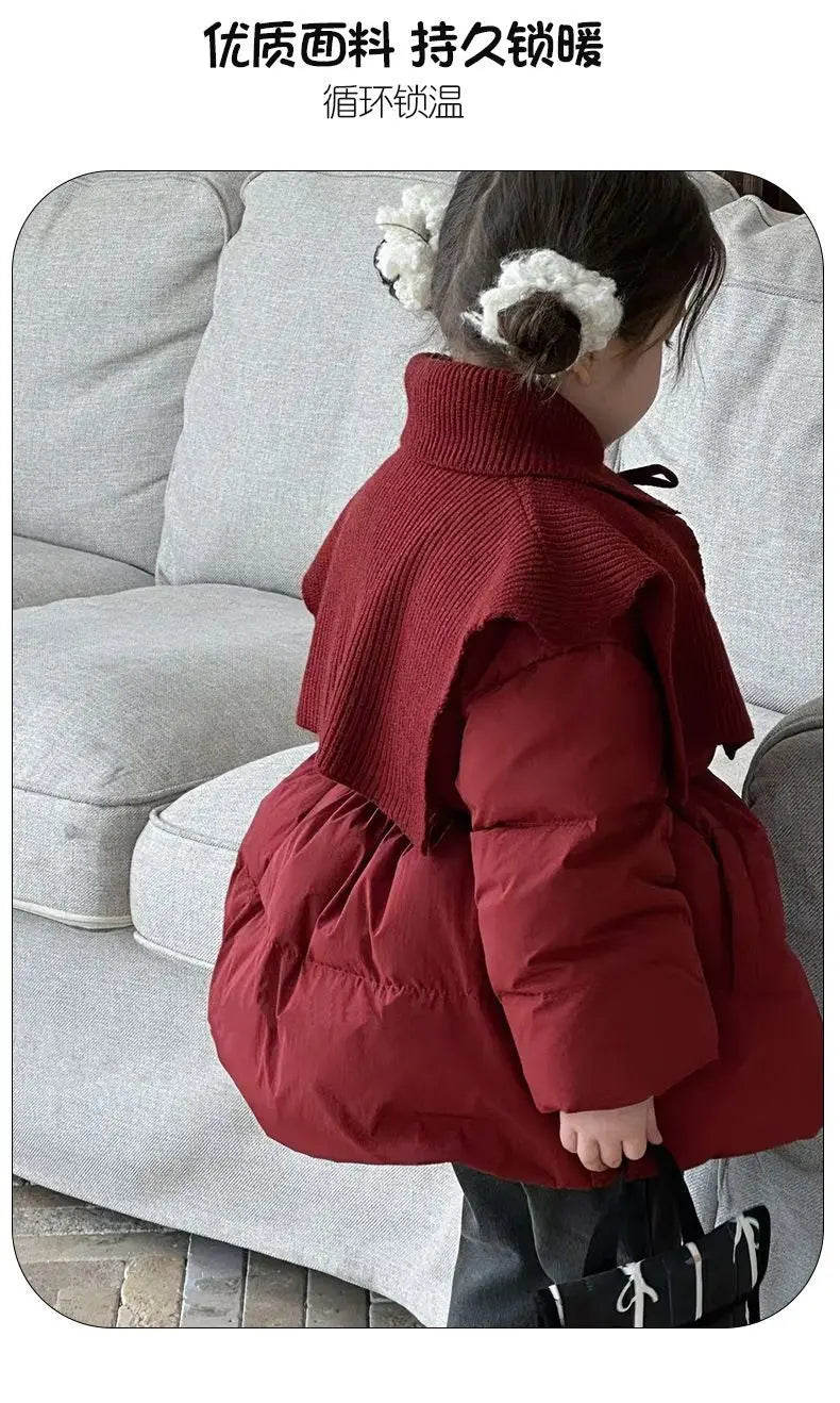Beige/Red Girls Baby Winter Coats Knitted Shawl Thick Warm Jackets Fashion Kids Children Princess Clothes Overcoats Outerwear