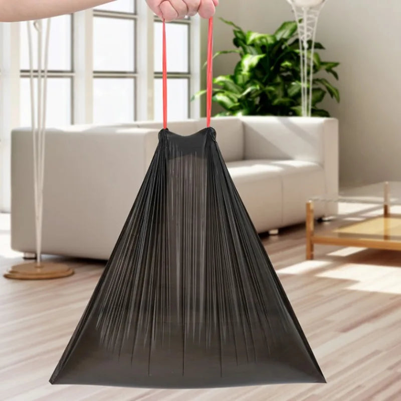 1/5 Rolls Thick Black Leak-Proof Drawstring Trash Bags - Durable Vinyl Easy-Seal for Bathroom/Kitchen/Outdoor/Restaurant/Hotel
