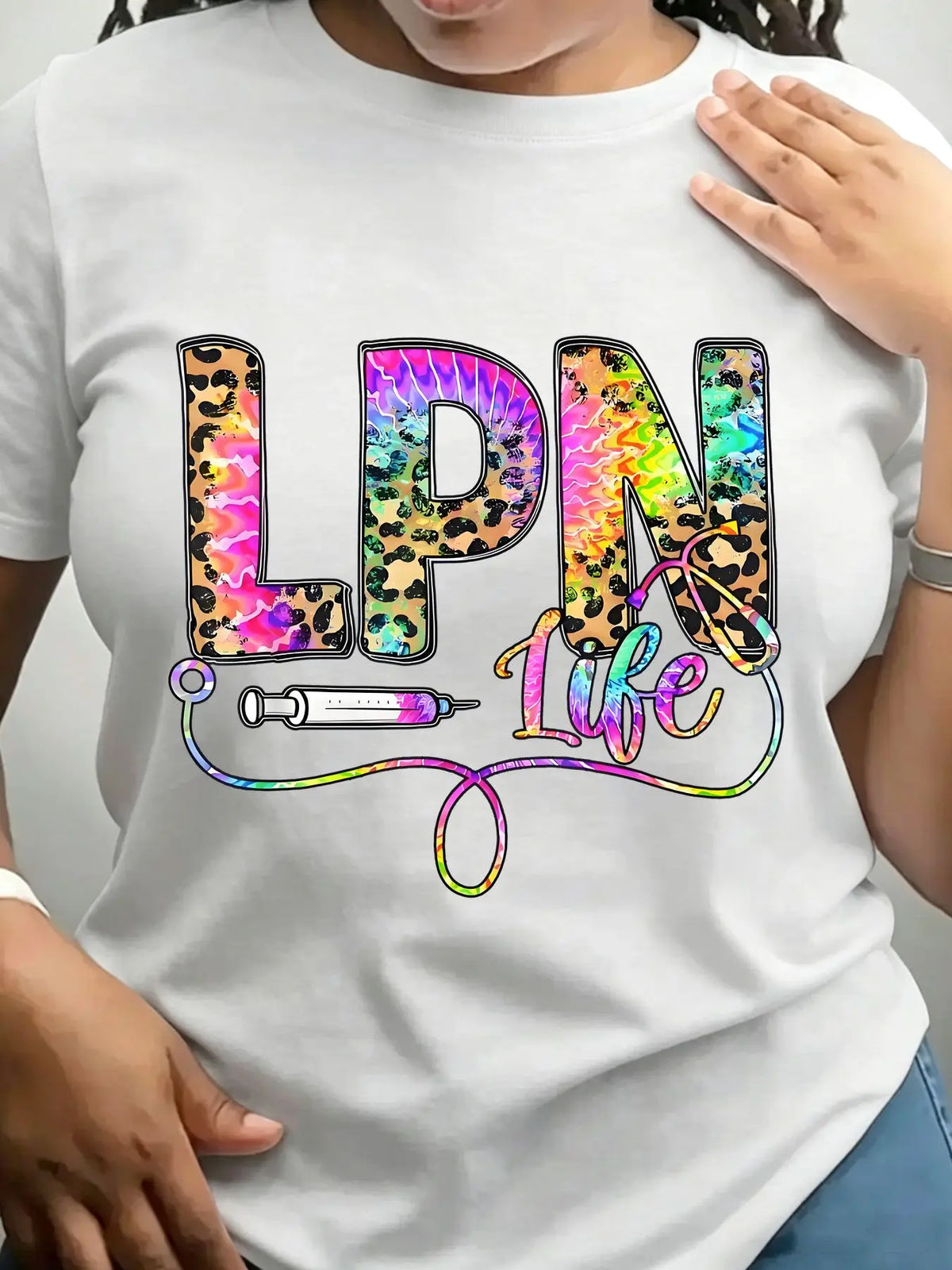 Women's Trendy Crew Neck T-Shirt Lpn Life Leopard Tie