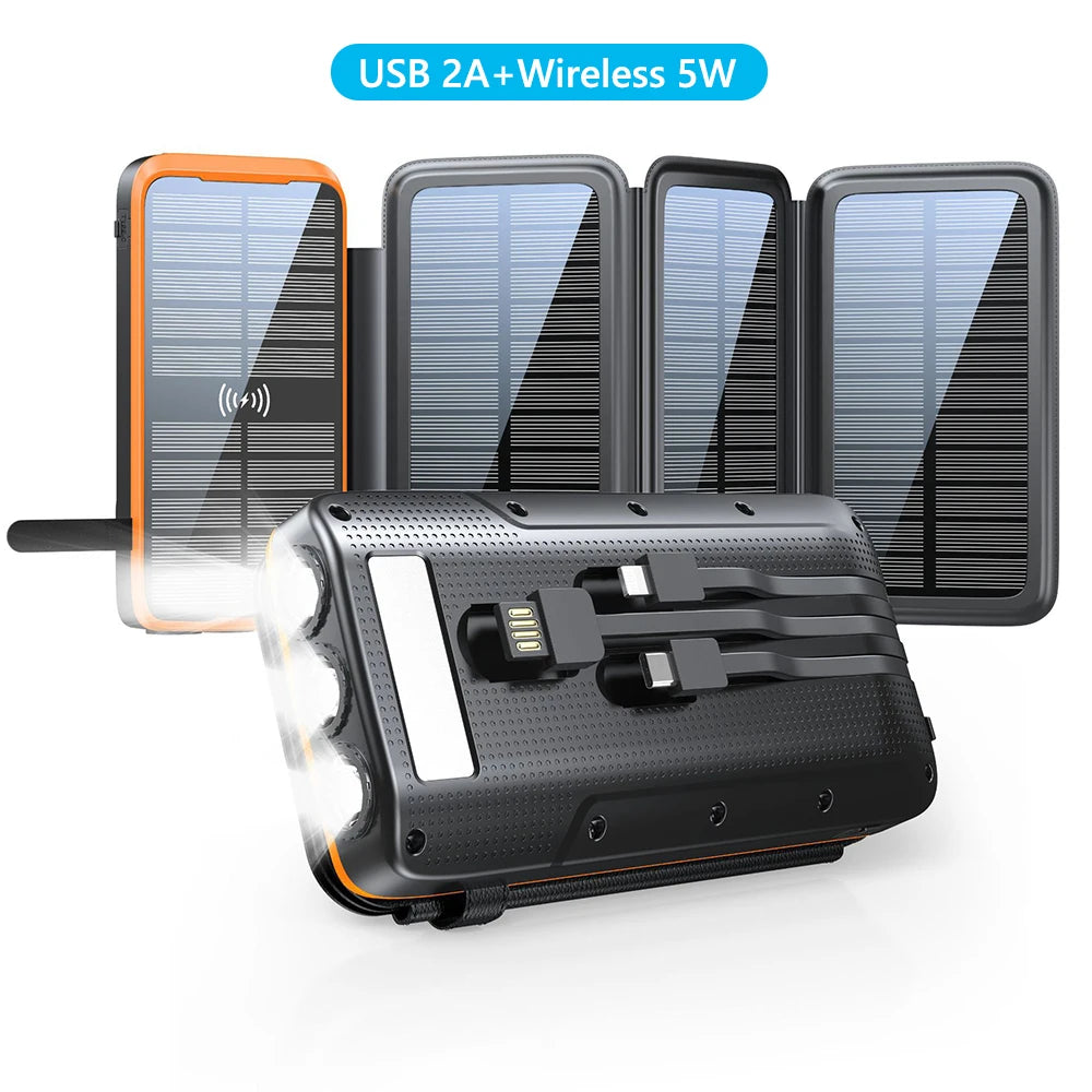 43800mAh Solar Power Bank Quick Wireless Charger External Battery Pack PD 20W Powerbank Built Cables LED Light for iPhone Xiaomi