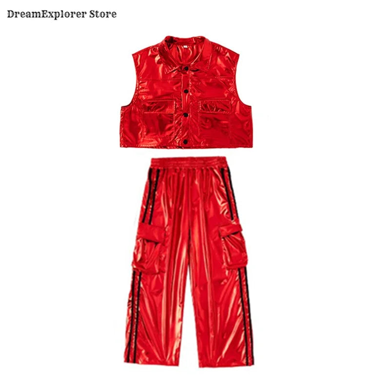 Boys Hip Hop Sweatshirt Shiny Vest Street Dance Cargo Pants Girls K-pop Clothes Set Kids Jazz Red Costumes Children Streetwear