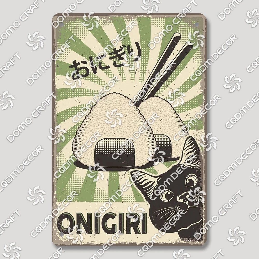 Cartoon Cat Japanese Food Plaque Tin Sign Retro Ramen Sushi Takoyaki Poster Metal Plates Bar Pub Restaurant Kitchen Wall Decor