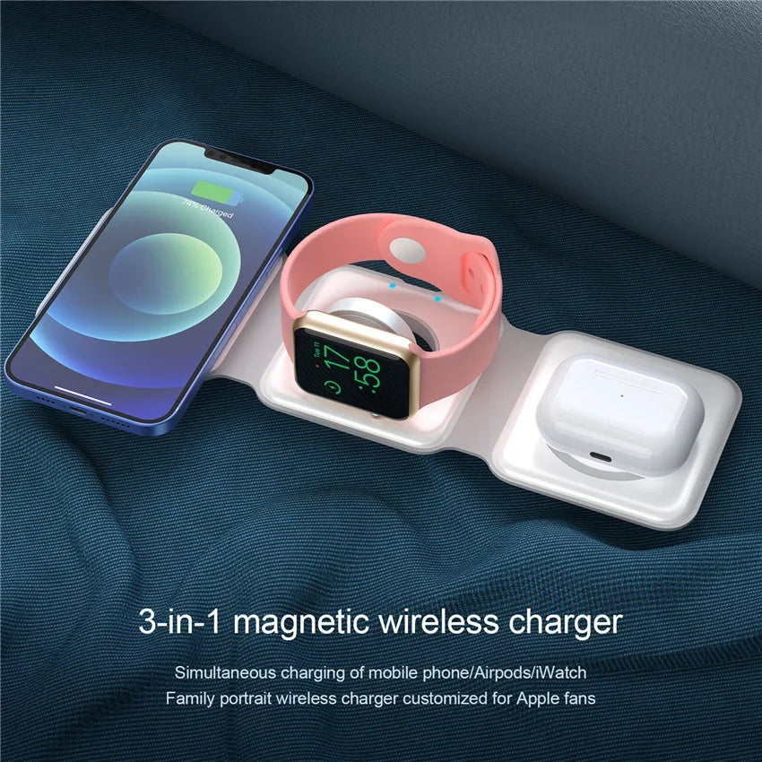 3 in 1 Wireless Charging Station for Apple MagSafe Charger, Foldable Magnetic Travel Charger for iPhone Apple Watch AirPods Pro
