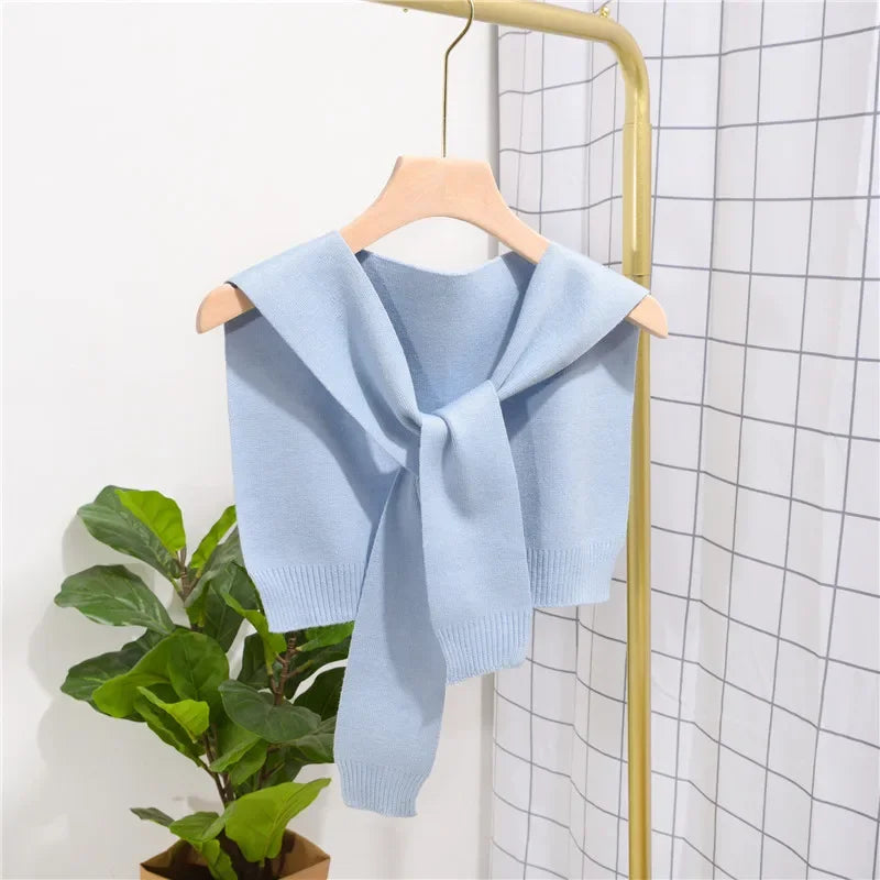 Korean Woman's Winter Wool Blouse Shoulders Cape Knotted Scarf Neck Guard Fake Collar Scarve Cashmere Warm Knitted Shawl Q36