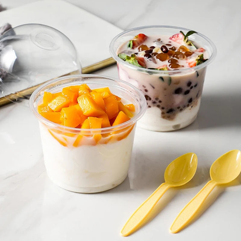 250ML Disposable Salad Cup 50/100Pcs Transparent Plastic Dessert Cups Bowls Container with Dome/Flat Lids for Ice Cream Cupcake
