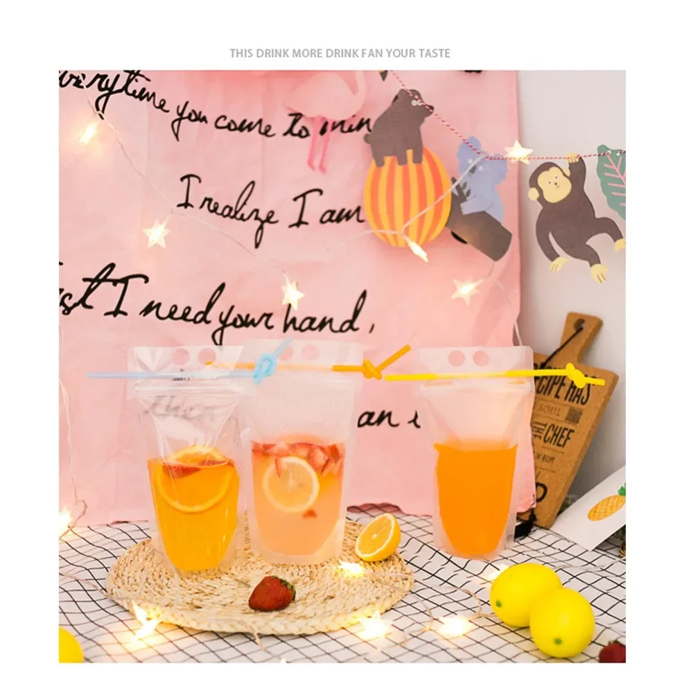 50Pcs Clear Plastic Drinking Packaging Bag Food Fresh Keeping Transparent Beverage Juice Milk Coffee Pouch Zip Bag Without Straw