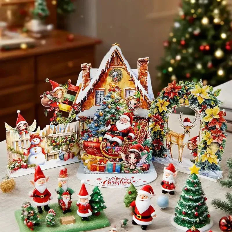 3D Christmas Card Night Before Christmas Scene With Santa, Reindeer, Snowy Village & Moonlit Sky Festive Holiday Greeting Card F