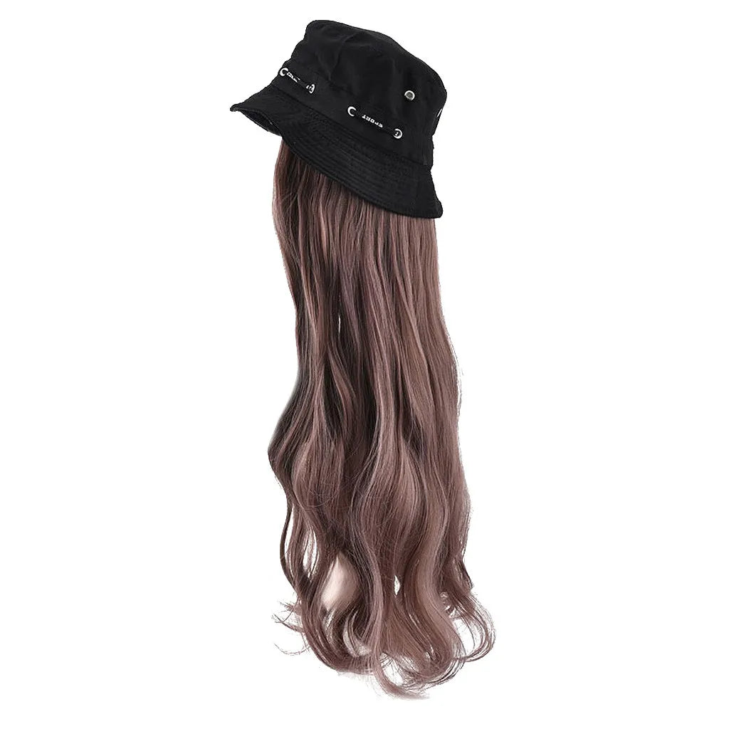 Bucket Hat Synthetic with Hair Cap Fashion Long Curly Hair Big