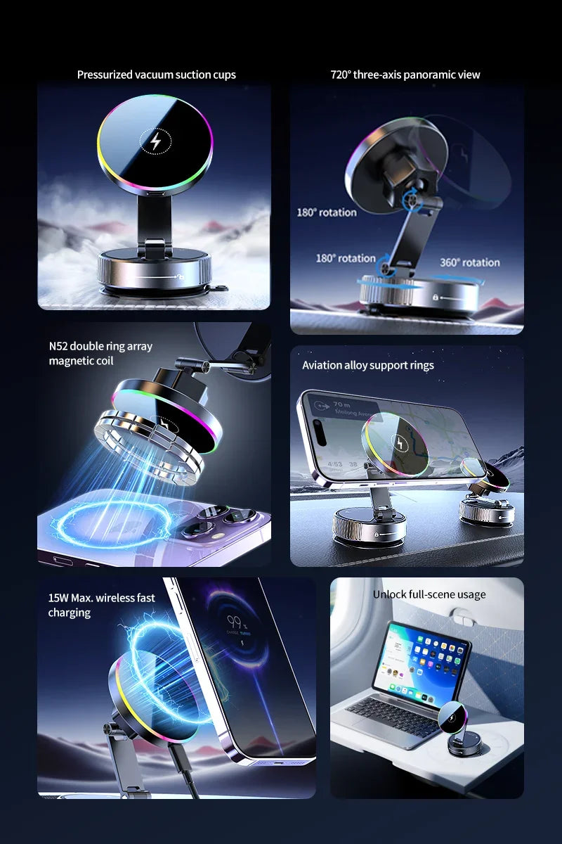 Cooling Magnetic Car Wireless Charger Car Phone Holder Mount Fast Charging for iPhone 15 14 13 Pro Suction Cup Vacuum Foldable