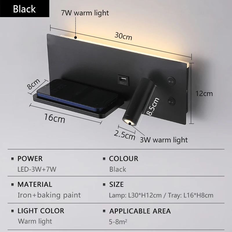 Multi Functional Wall lamp with Mobile phone Wireless charger switch USB interface Bedroom Night light LED Reading wall light